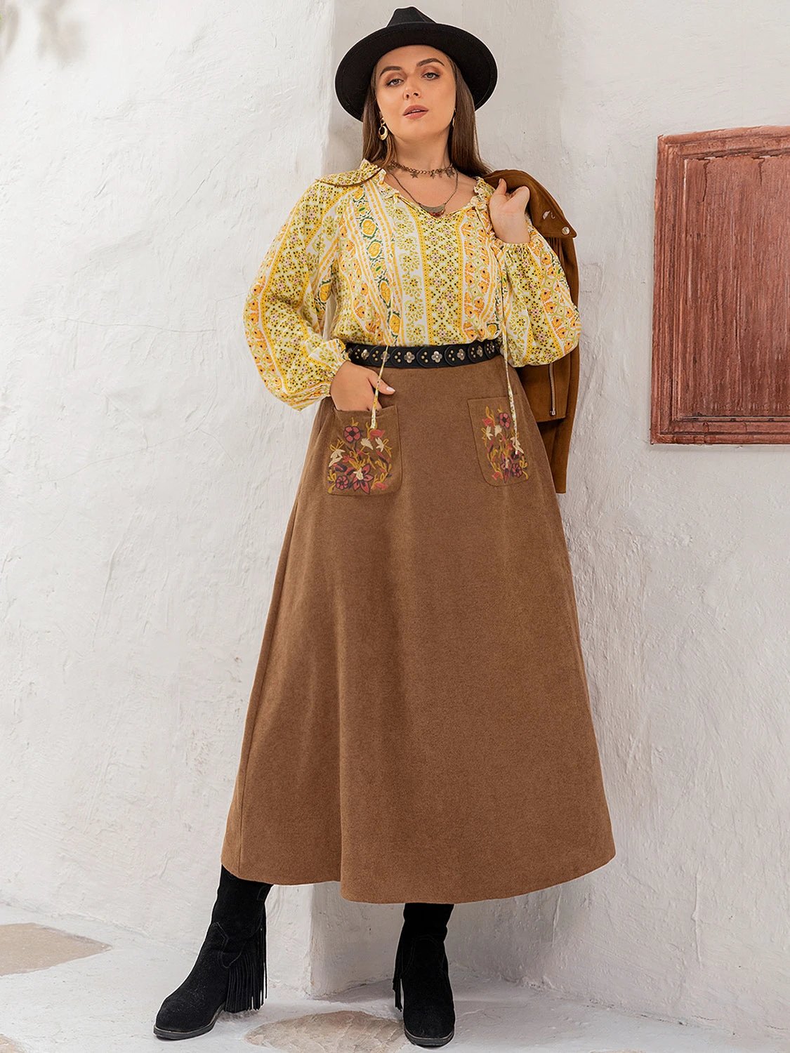 Plus Size Embroidered Pocketed High Waist Skirt by Lady Ros
