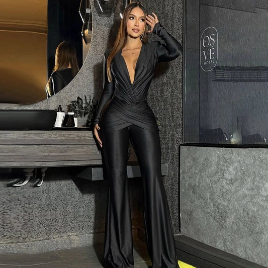 New Women's Fashion Sexy Deep V Long Sleeve Slim Fit Flared Jumpsuit by GJG Denim