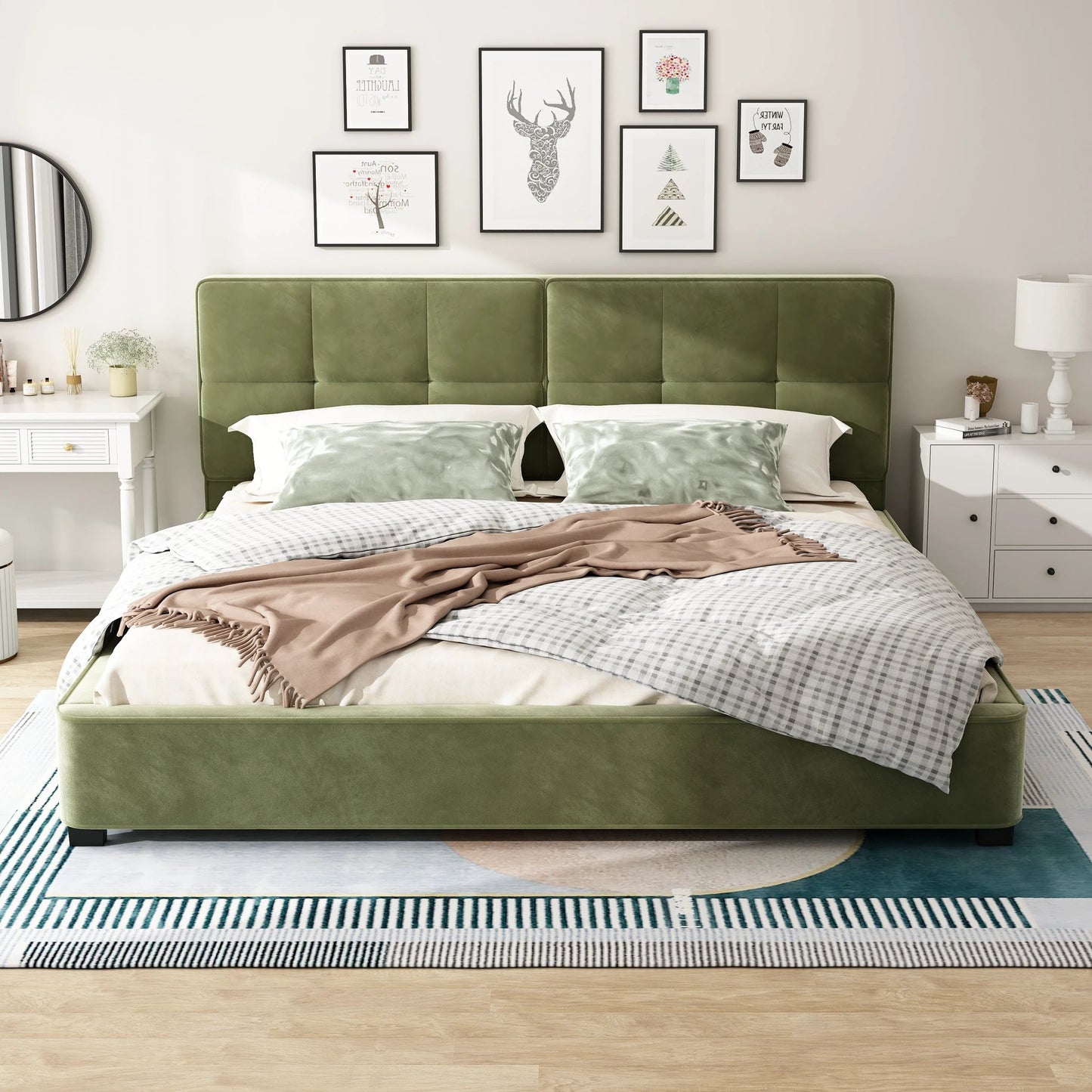 King Size Velvet Bed Frame, Upholstered Platform Bed With Curved Tufted Headboard, Soft Square Corners, Olive Green by GJG Denim