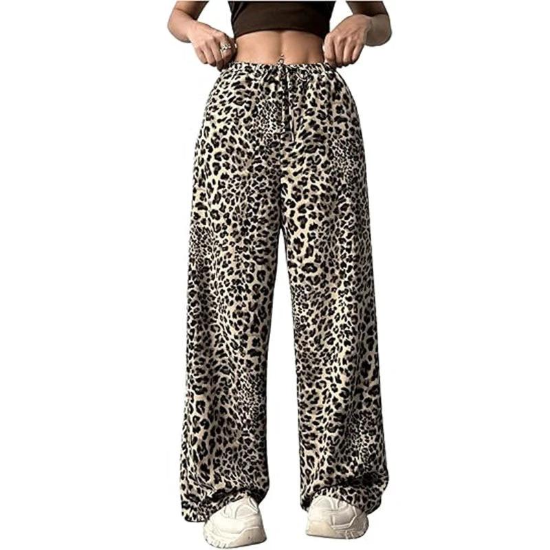 Women's Casual Leopard Print High Waisted Wide-Leg Pants Elegant Drawstring Loose Long Trousers by GJG Denim