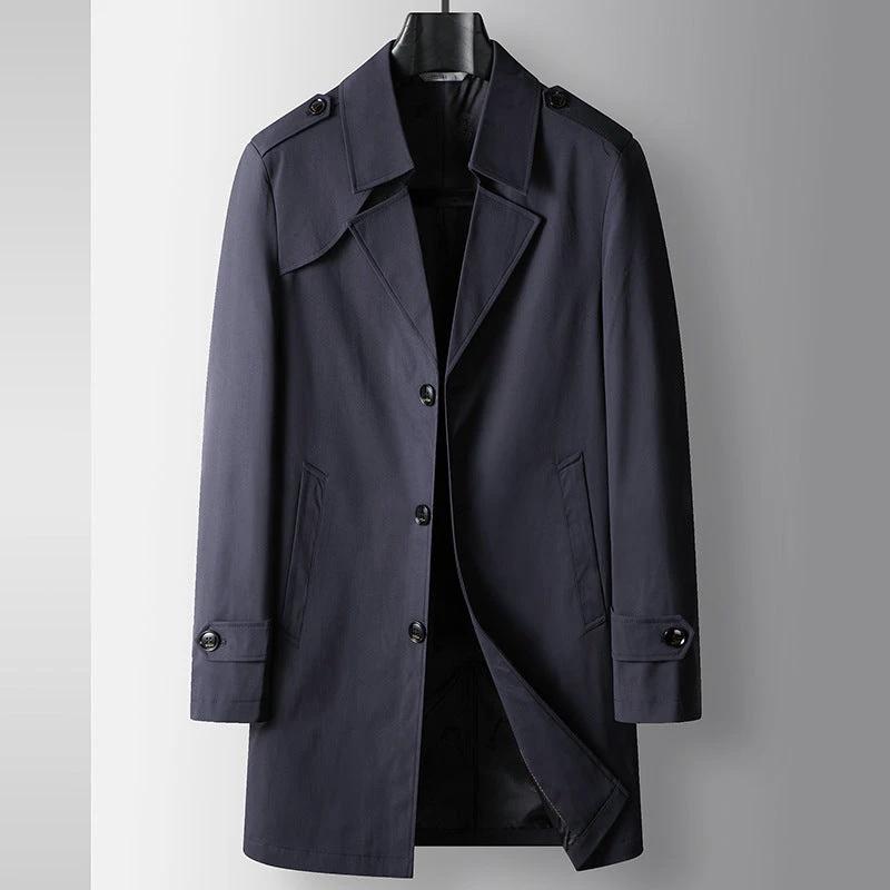 Men's Mid-length Lapel Single Breasted Business Casual Trench Coat by GJG Denim