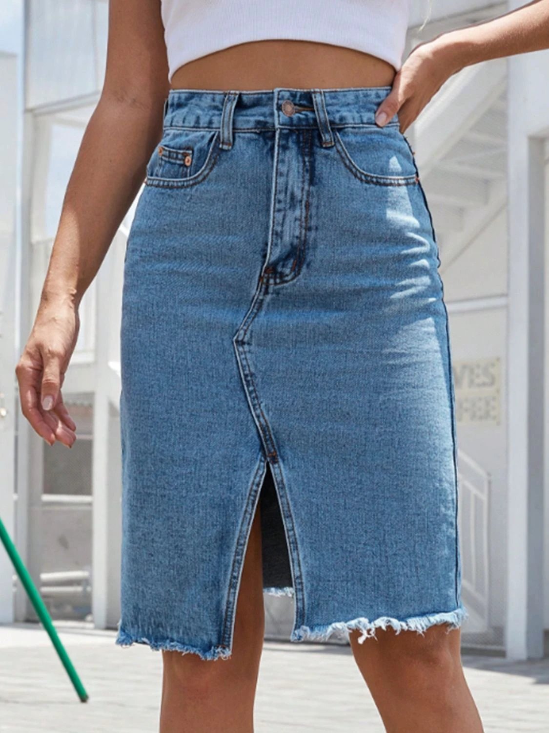 Raw Hem Slit Denim Skirt by Lady Ros