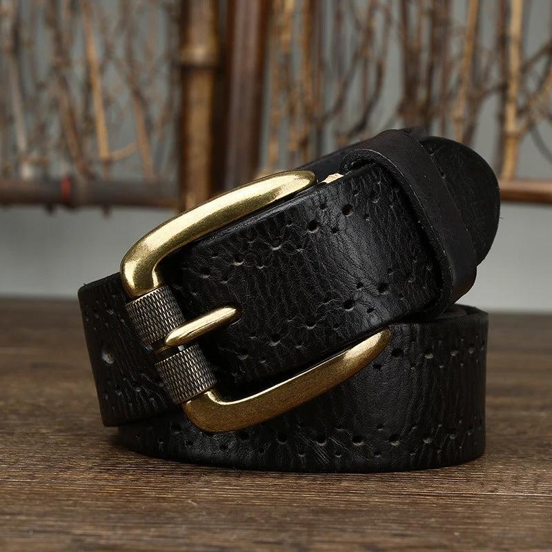 Hollowed-out First-layer Cowhide Pin-buckle Belt For Men by GJG Denim