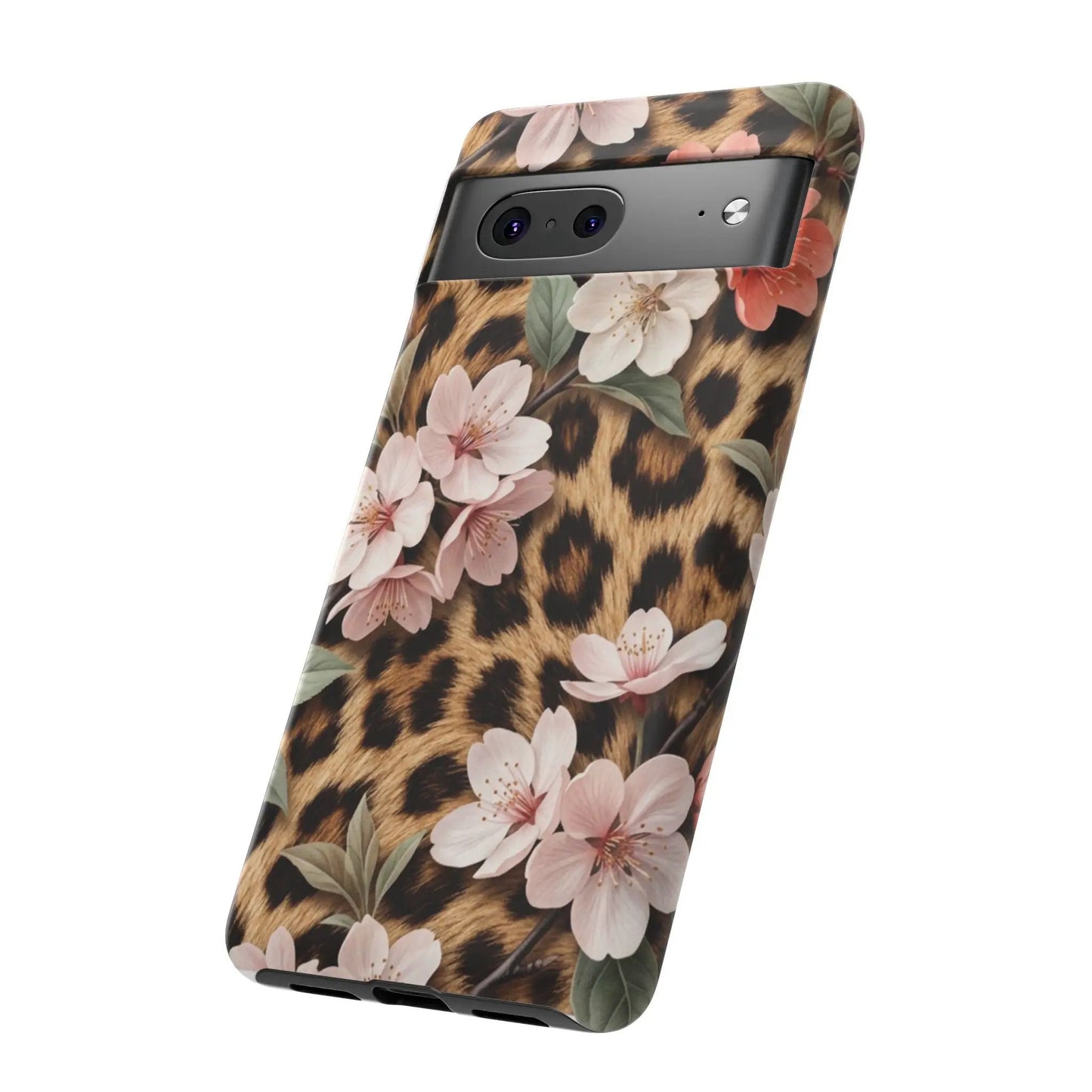 Leopard Floral Tough Case — Protective Phone Case with Pink Cherry Blossoms by Printify