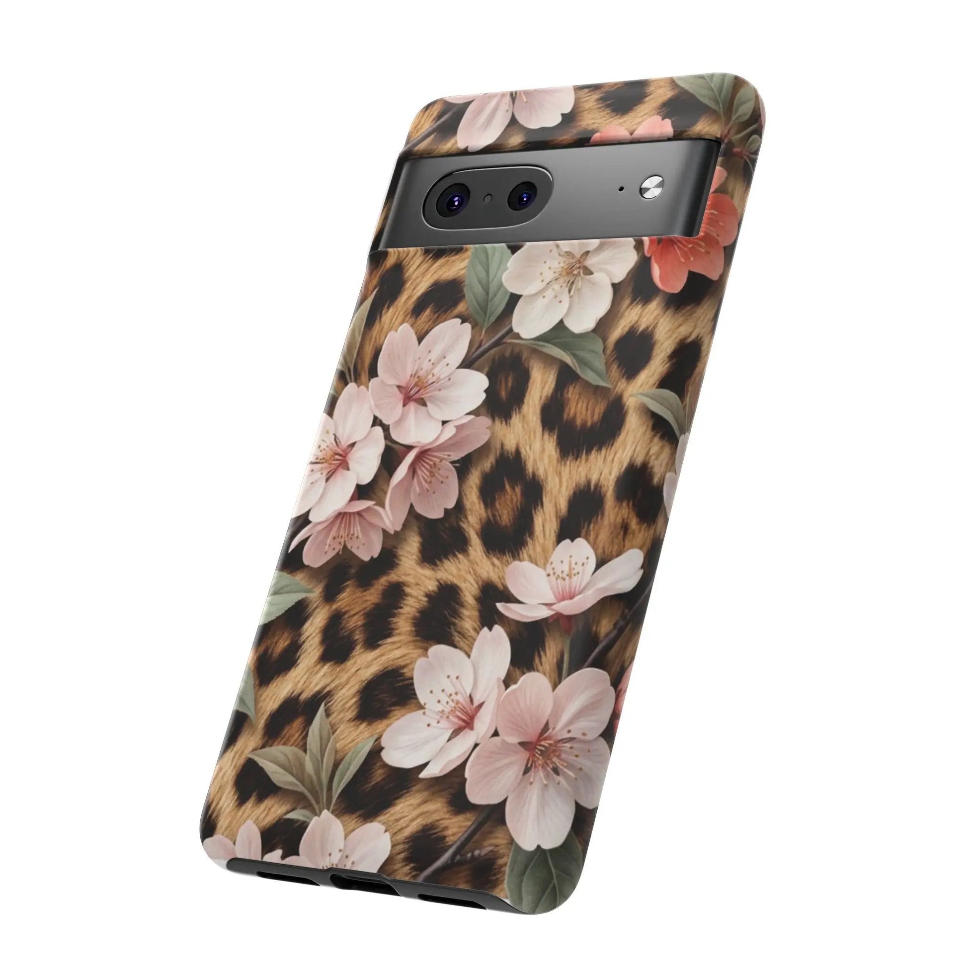 Leopard Floral Tough Case — Protective Phone Case with Pink Cherry Blossoms by Printify