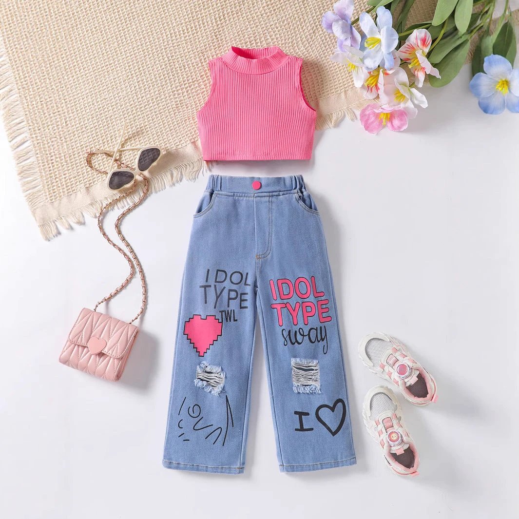 New Girls' Solid Color Sleeveless Vest Letters by GJG Denim