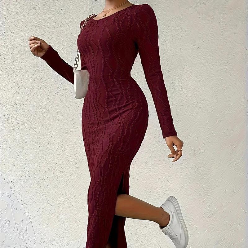 Women's Crew Neck Long Sleeve Ribbed Dress Side Slit Knit Bodycon Midi Dress by GJG Denim