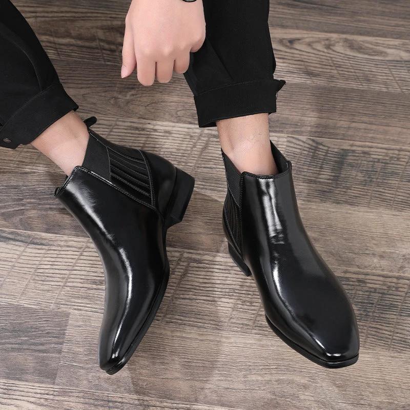 Men's Pointed Toe Chelsea-style Boots Square Heel Business Formal Leather Shoes by GJG Denim