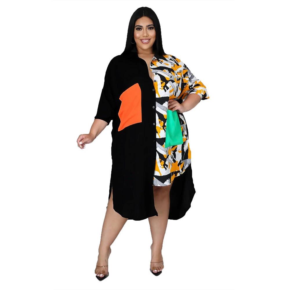 Women Plus Size Dress Patchwork Turn-down Collar by GJG Denim