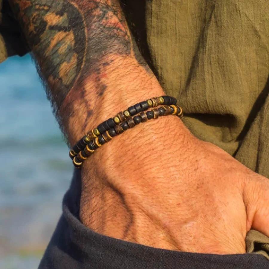 Retro Men's Coconut Wood Multi-Layer Stackable Bracelet Set by GJG Denim