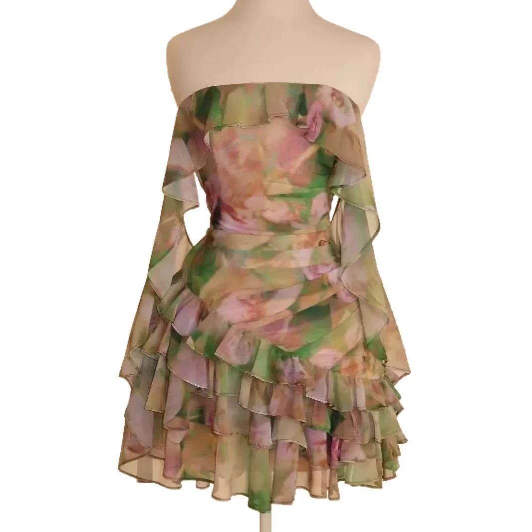 Chiffon Printed Ruffles Tube Dress by GJG Denim
