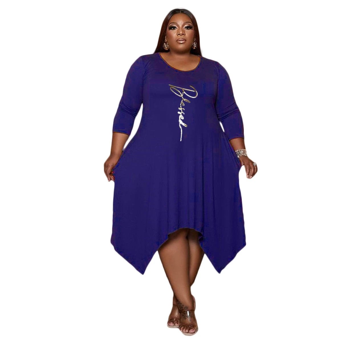 Plus Size Printed Irregular Swing Pocket Dress by GJG Denim