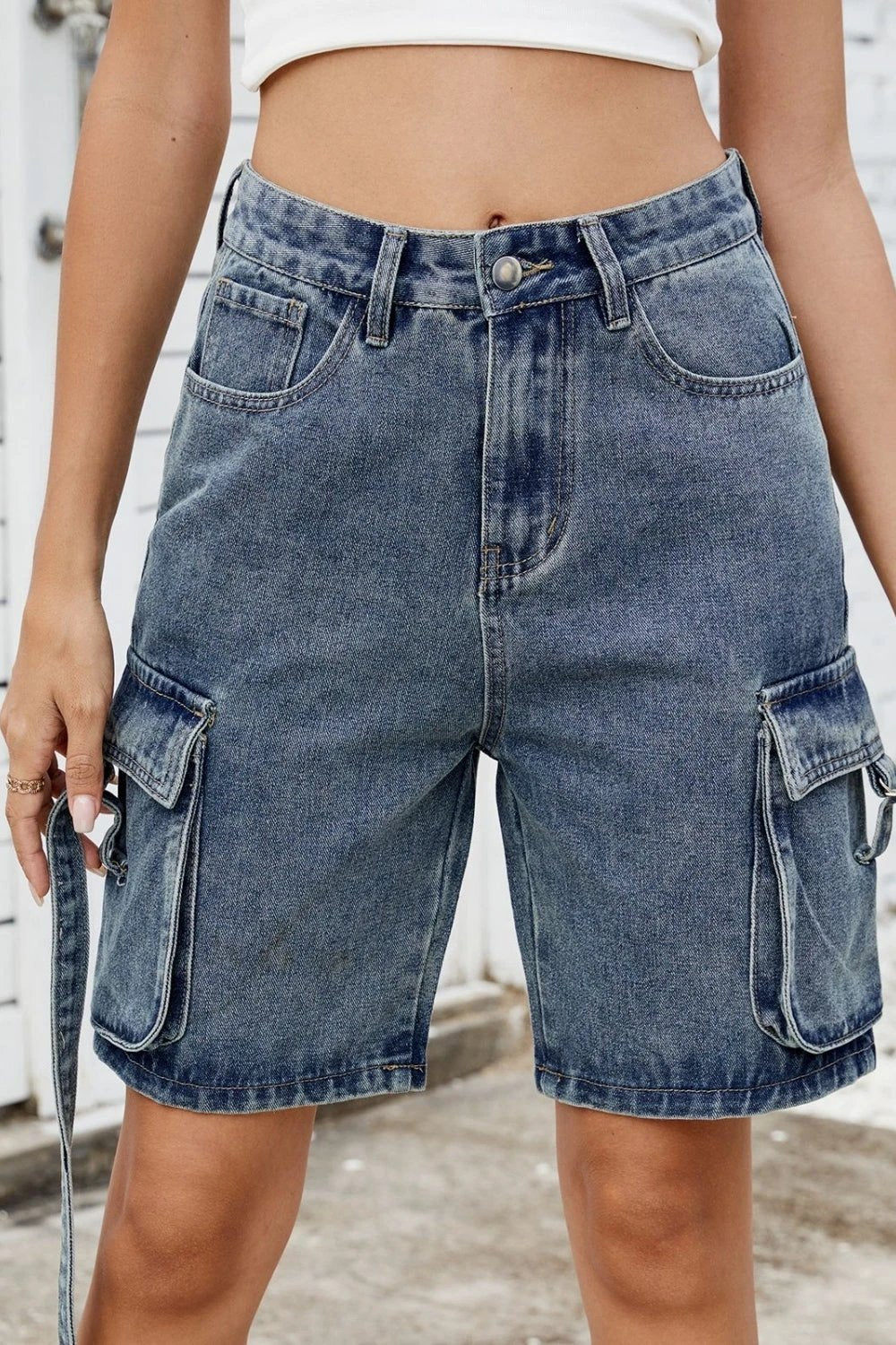 Washed Cargo Denim Shorts by Lady Ros