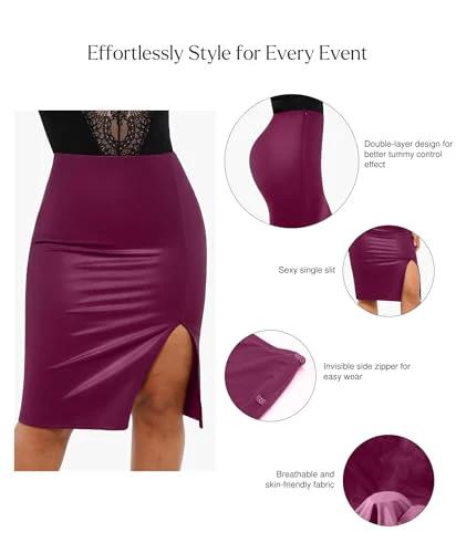 Popilush Shapewear Faux Leather Skirts with Built in Shapewear Tummy Control High Waist Midi Skirt with Shaper for Women by Lady Ros