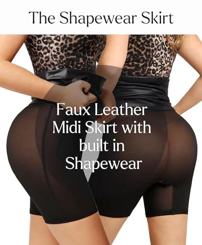 Popilush Shapewear Faux Leather Skirts with Built in Shapewear Tummy Control High Waist Mini Skirt with Shaper for Women by Lady Ros