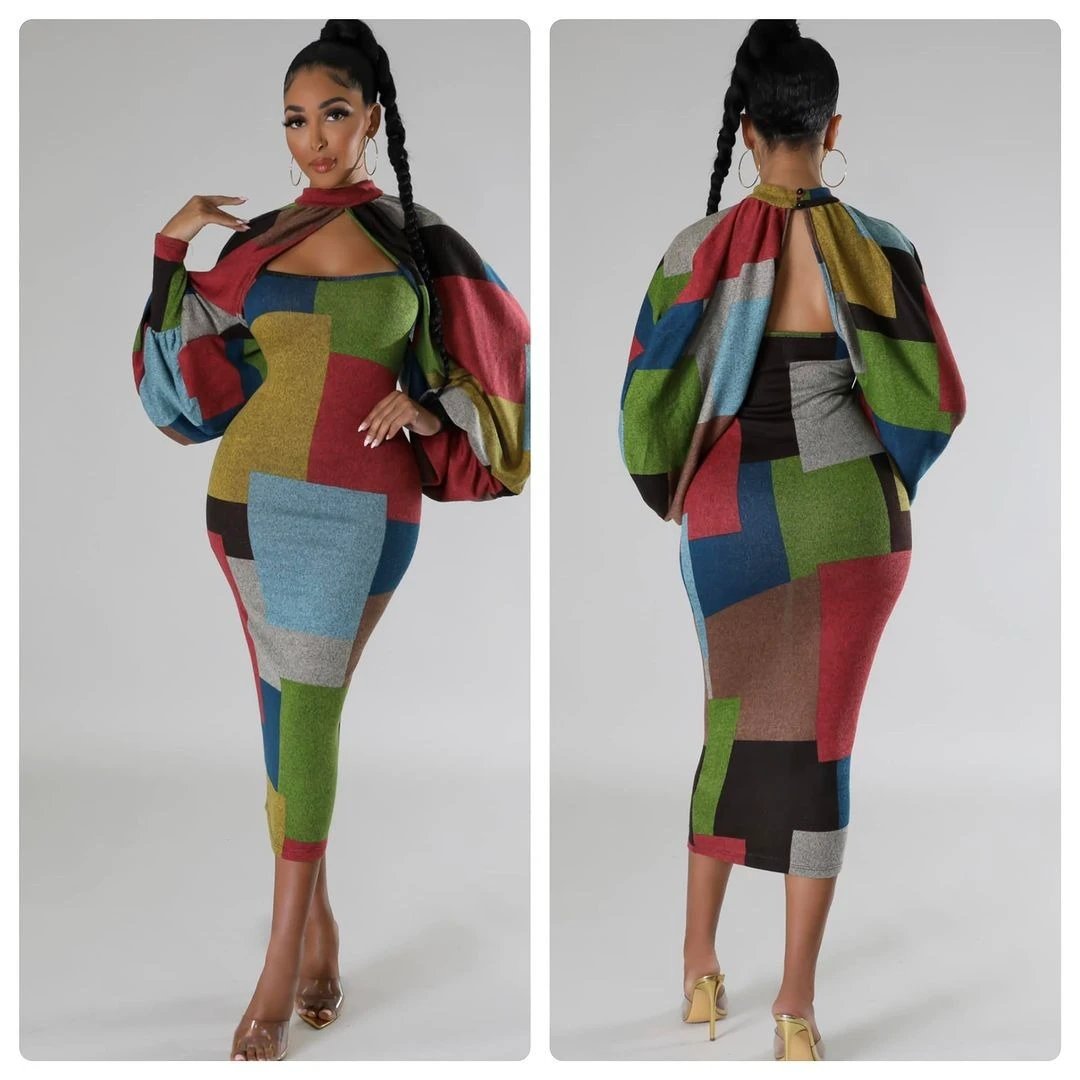 New Fashion Stitching Printing Color Contrast Long Sleeve Plus Size Dress by GJG Denim