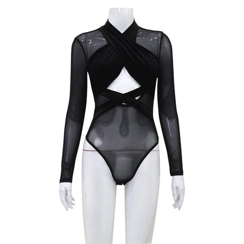 Mesh Velvet Stitching Sexy Hollow-out Tight Long Sleeve Hip Training Pants by GJG Denim