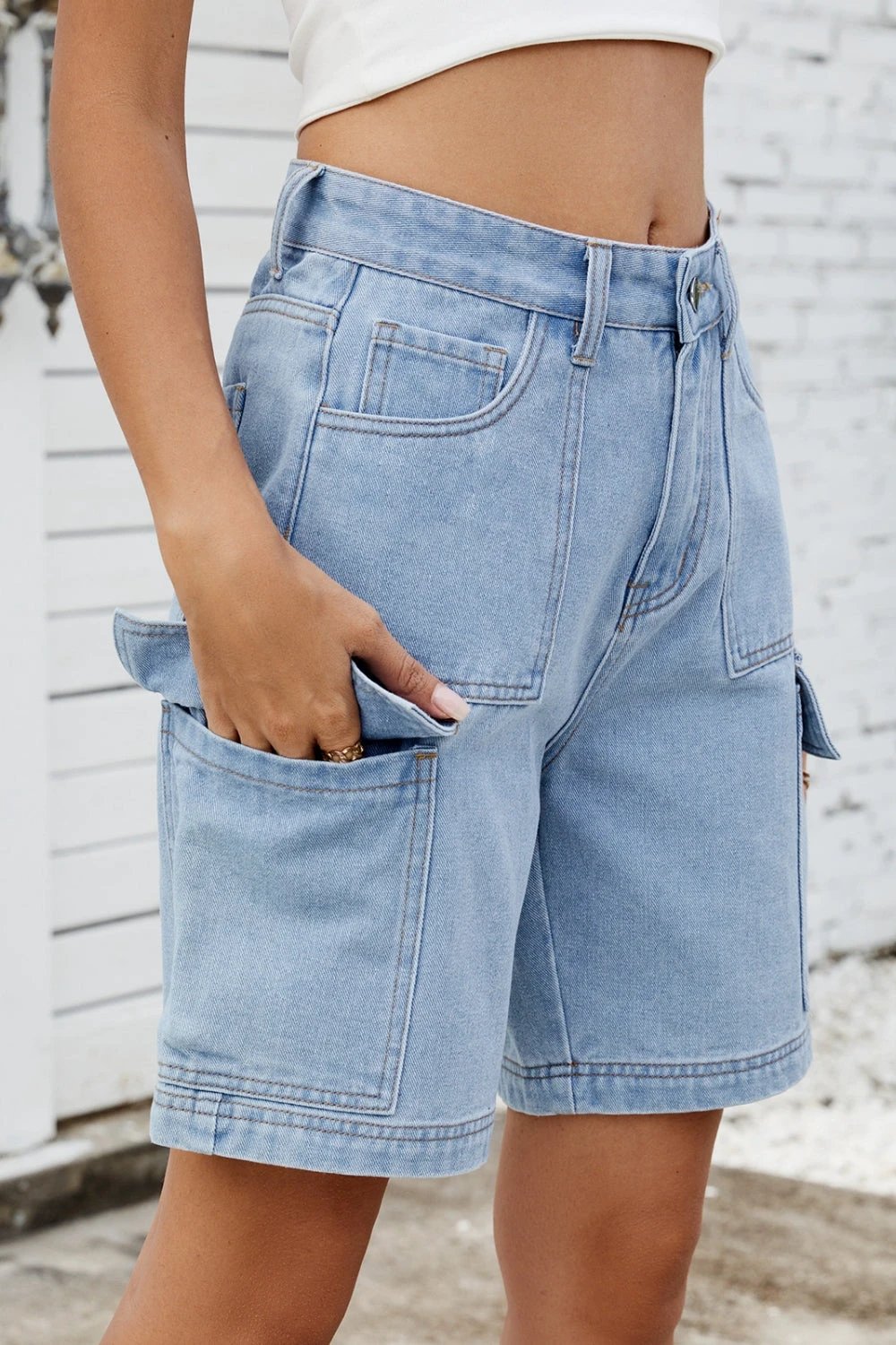 High Rise Denim Shorts with Cargo Pockets by Lady Ros