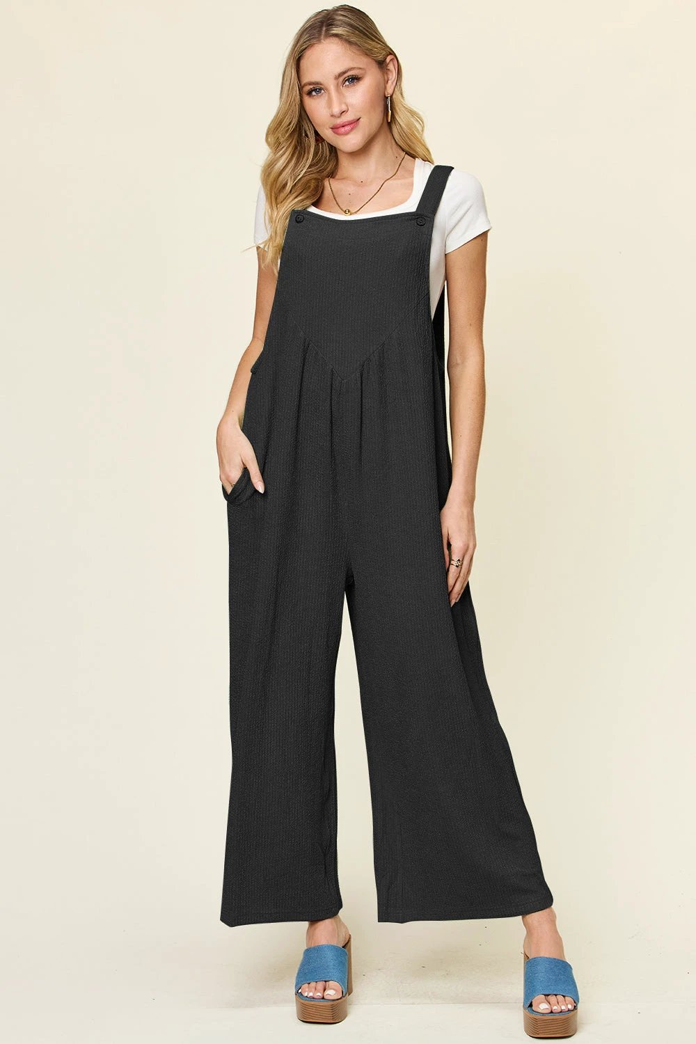Textured Long Sleeveless Wide Leg Jumpsuit by Lady Ros