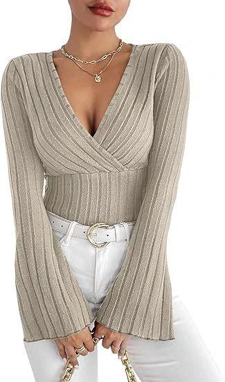 Women's Autumn And Winter Rib Sunken Stripe V-neck Flared Slim-fit Long Sleeve T-shirt Elegant Women's Top by GJG Denim
