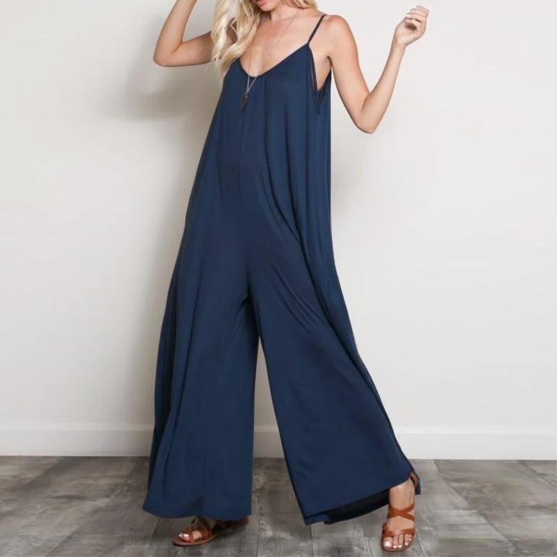 Summer Women Sexy V Neck Long Jumpsuits Casual Loose Rompers Overalls Wide Leg Mono Bodysuit Playsuits Plus Size 5XL by GJG Denim