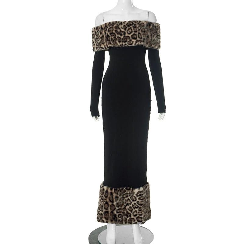 Atmospheric Leopard Print Fur Stitching Off-shoulder Dress by GJG Denim