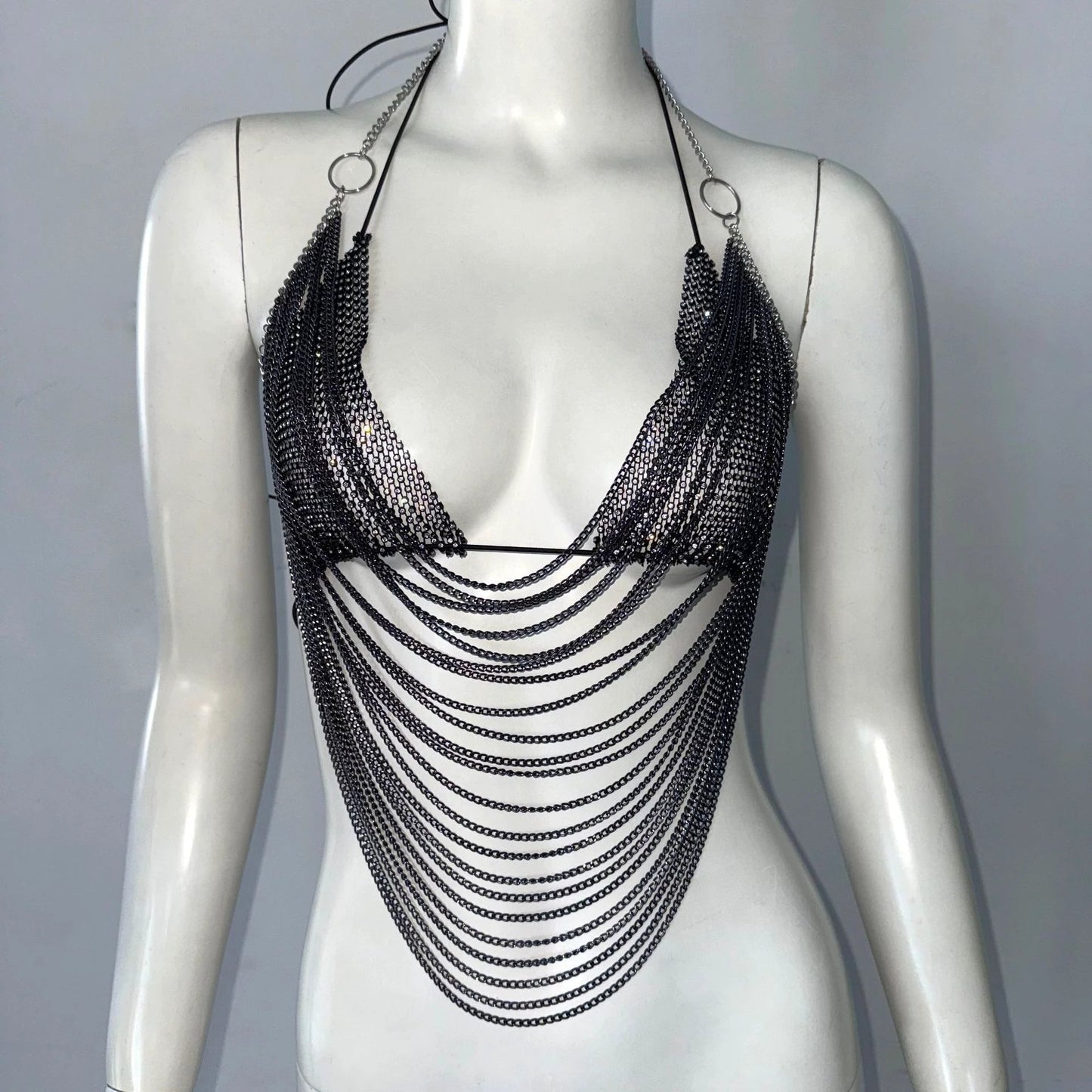 Sling Fishnet Rhinestone Halter Top Metal Decoration Two-piece Set by GJG Denim