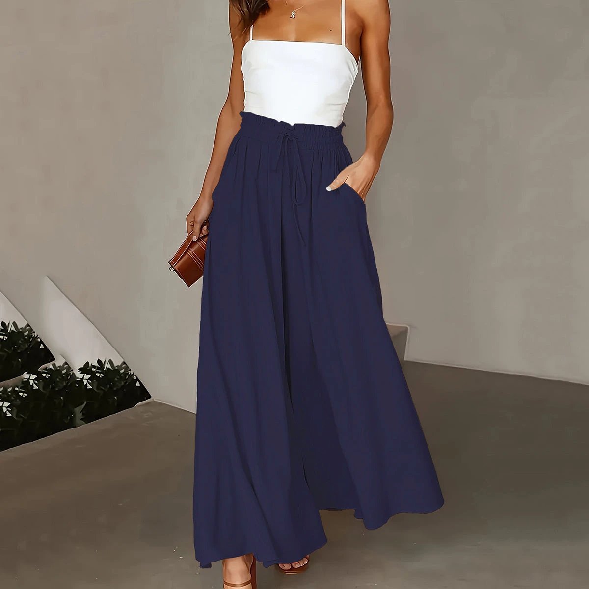 Plus Size Wide Leg Pants - Stylish Solid Paper Bag Waist Design, Elegant Pocket Tie Front, Loose Fit For Comfort, Perfect For Spring & Summer, Women's Fashionable Clothing For Curvy Figures by GJG Denim