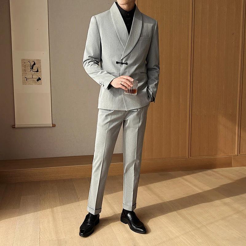 Men's Retro Solid Color Collar Two-piece Suit by GJG Denim