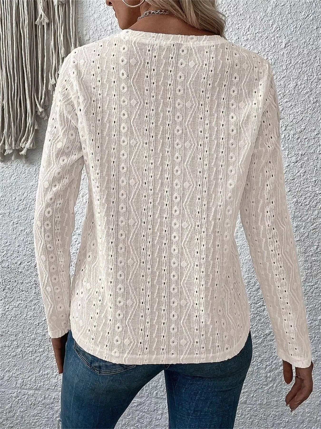 Full Size Eyelet Round Neck Long Sleeve Blouse Plus Size by Lady Ros