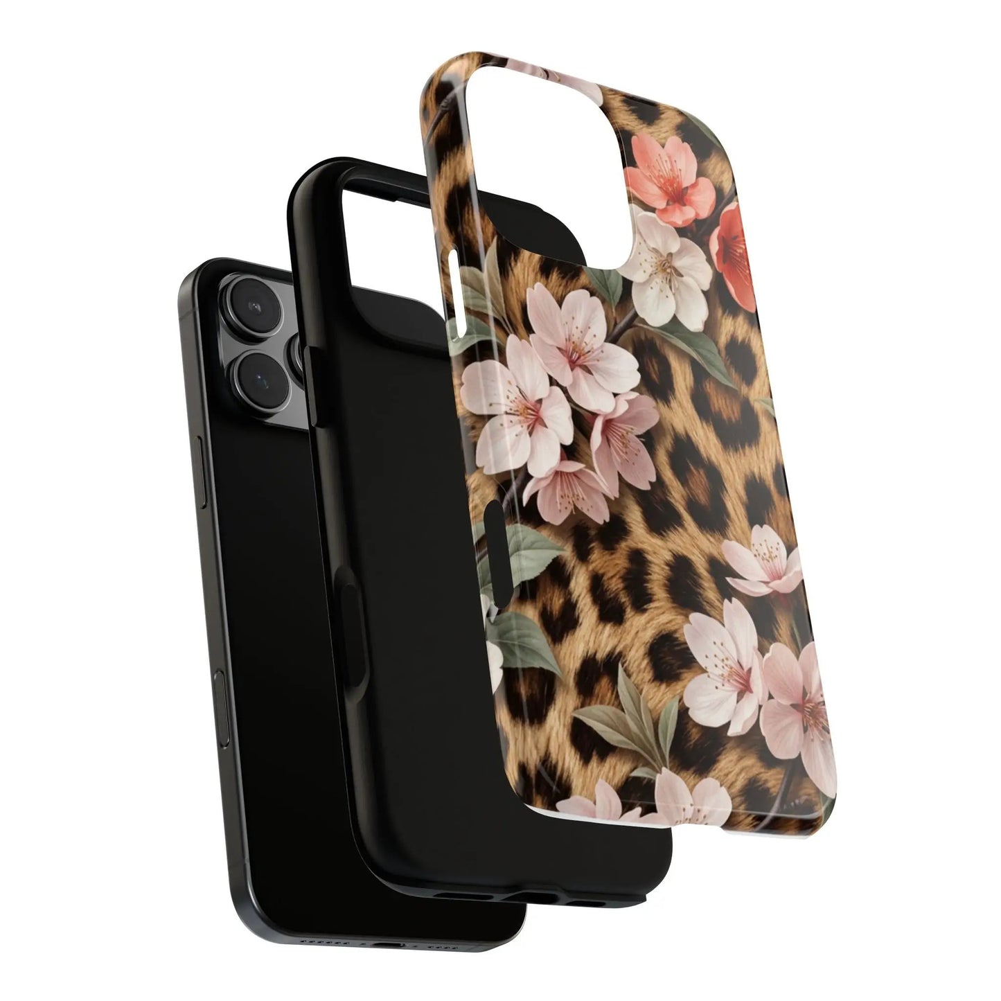 Leopard Floral Tough Case — Protective Phone Case with Pink Cherry Blossoms by Printify