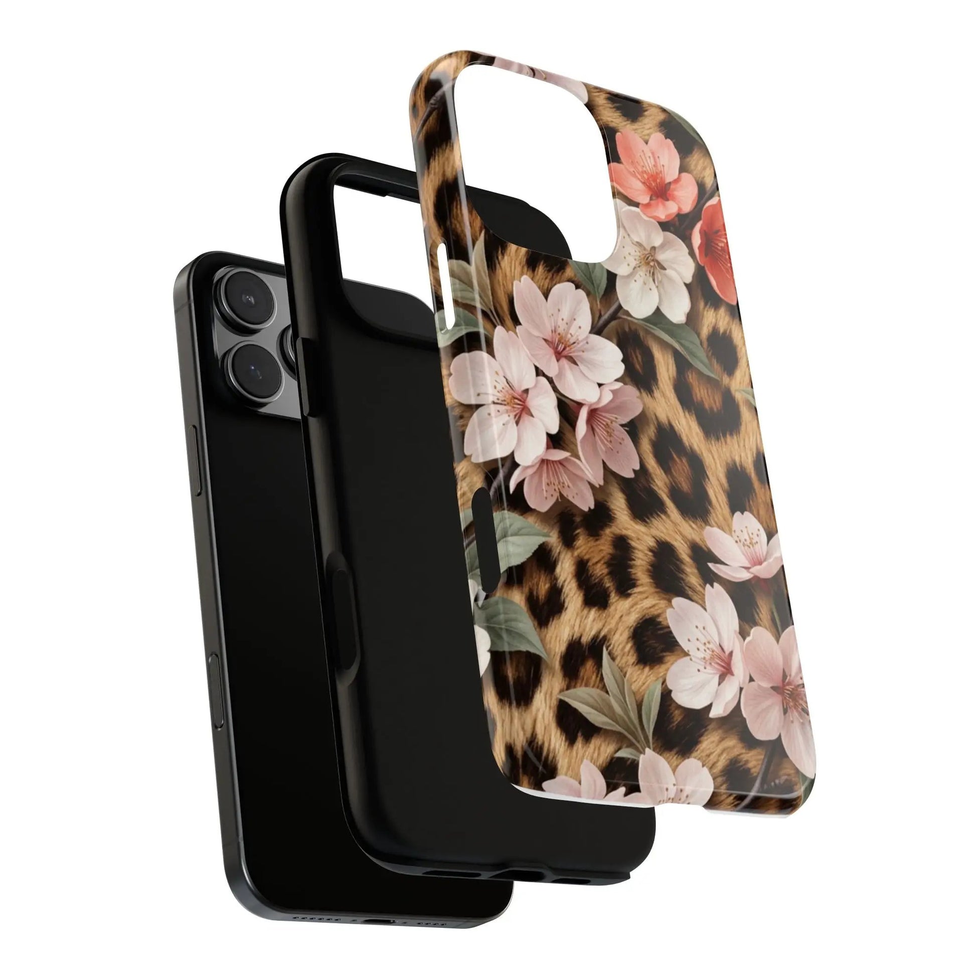Leopard Floral Tough Case — Protective Phone Case with Pink Cherry Blossoms by Printify