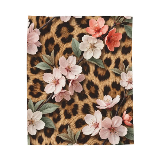 Leopard Floral Velveteen Plush Blanket — Soft Cozy Animal Print Throw by Printify