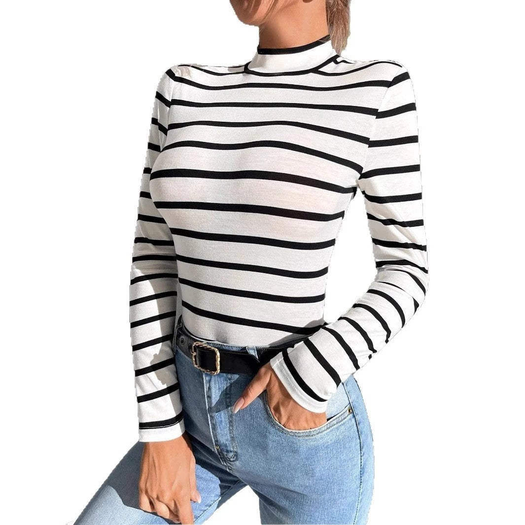 Mock-neck Stripes Bottoming Shirt Women's Long Sleeve Inner Wear by GJG Denim