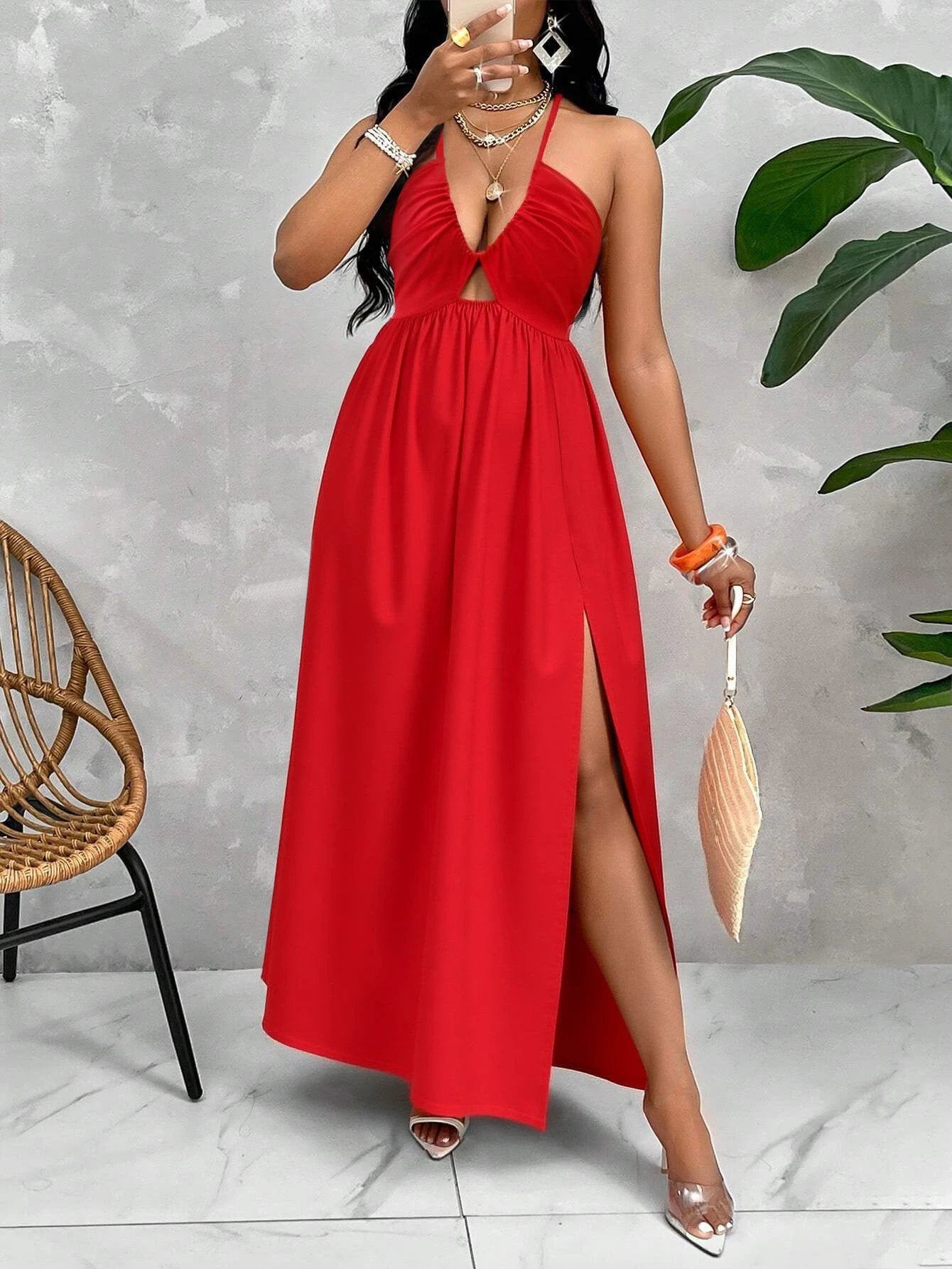 Deep V-neck Drawstring Halter Dress by GJG Denim