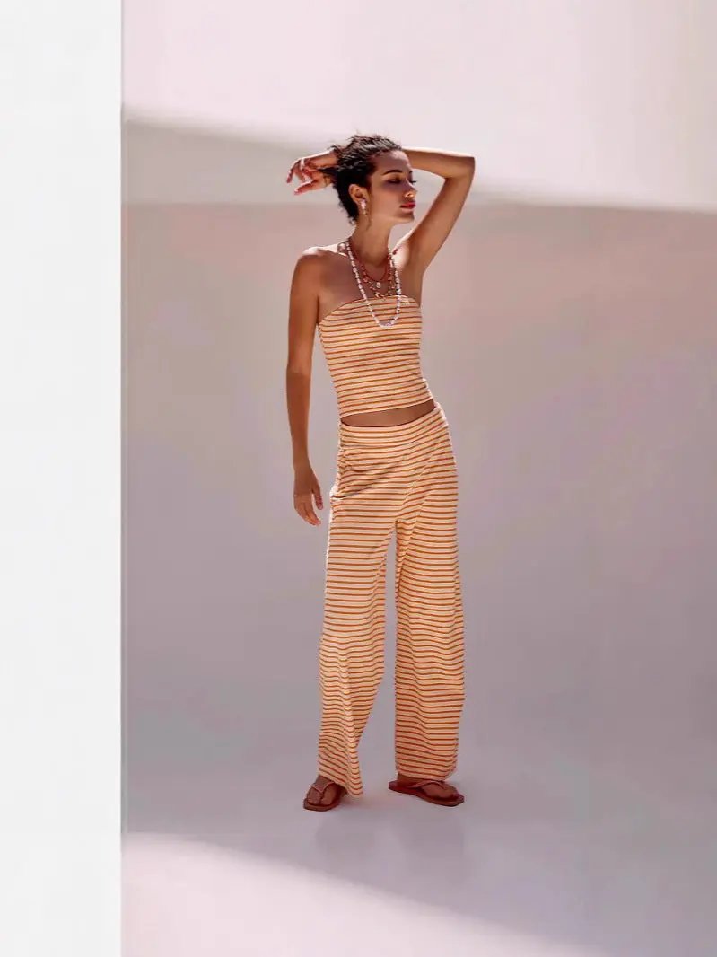 Printed Striped Tube Top And Pants Set by GJG Denim
