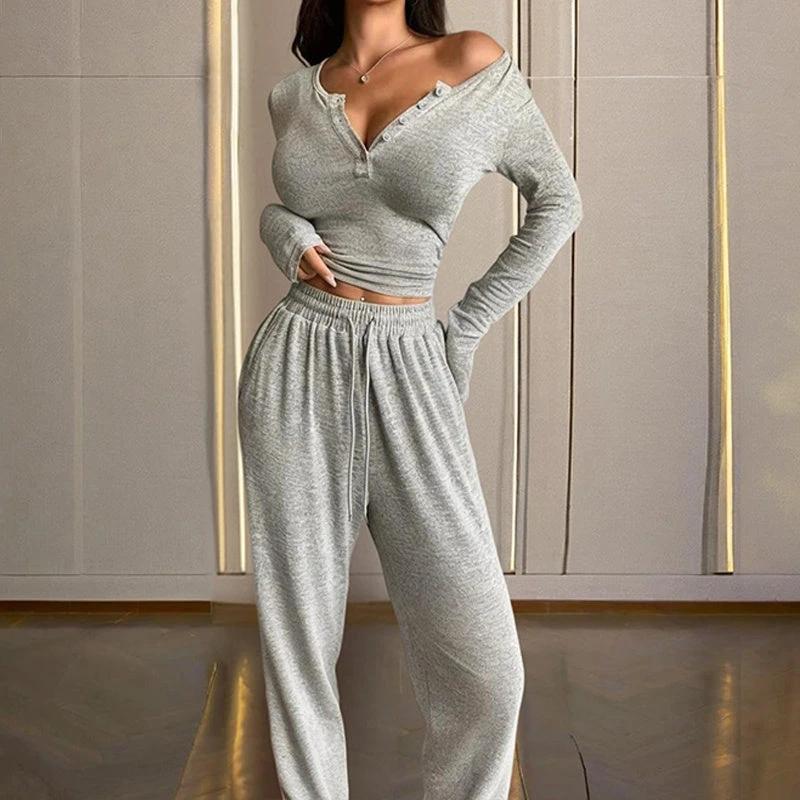Women's Solid Color Fall&Winter Pants Set - Sexy V-Neck Button-Up Fitted Long Sleeve T-Shirt & High-Waist Flared Wide-Leg Stretchy Pants by GJG Denim