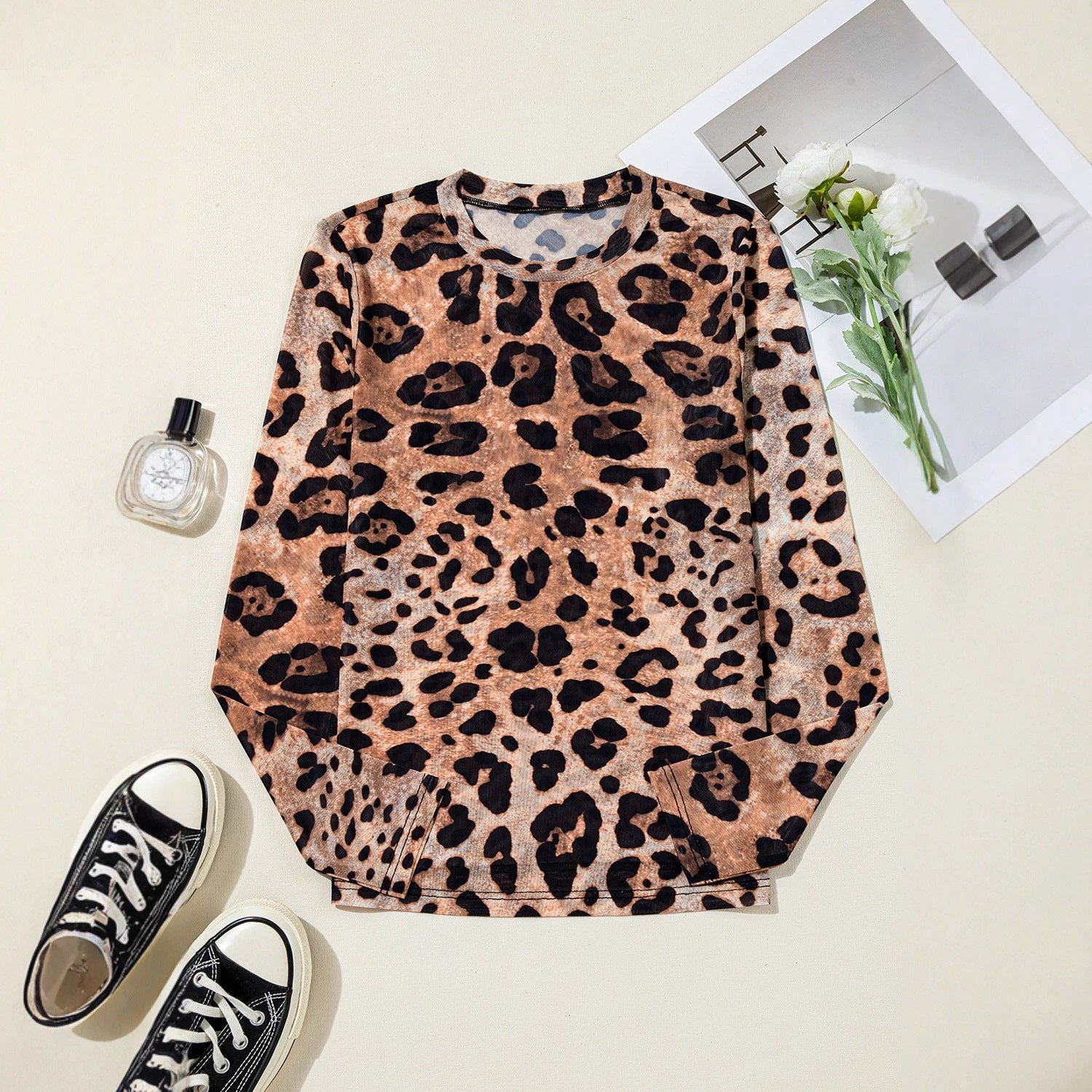 Leopard-print Long-sleeved Shirt Women's Slim Pullover Round Neck Sweater by GJG Denim