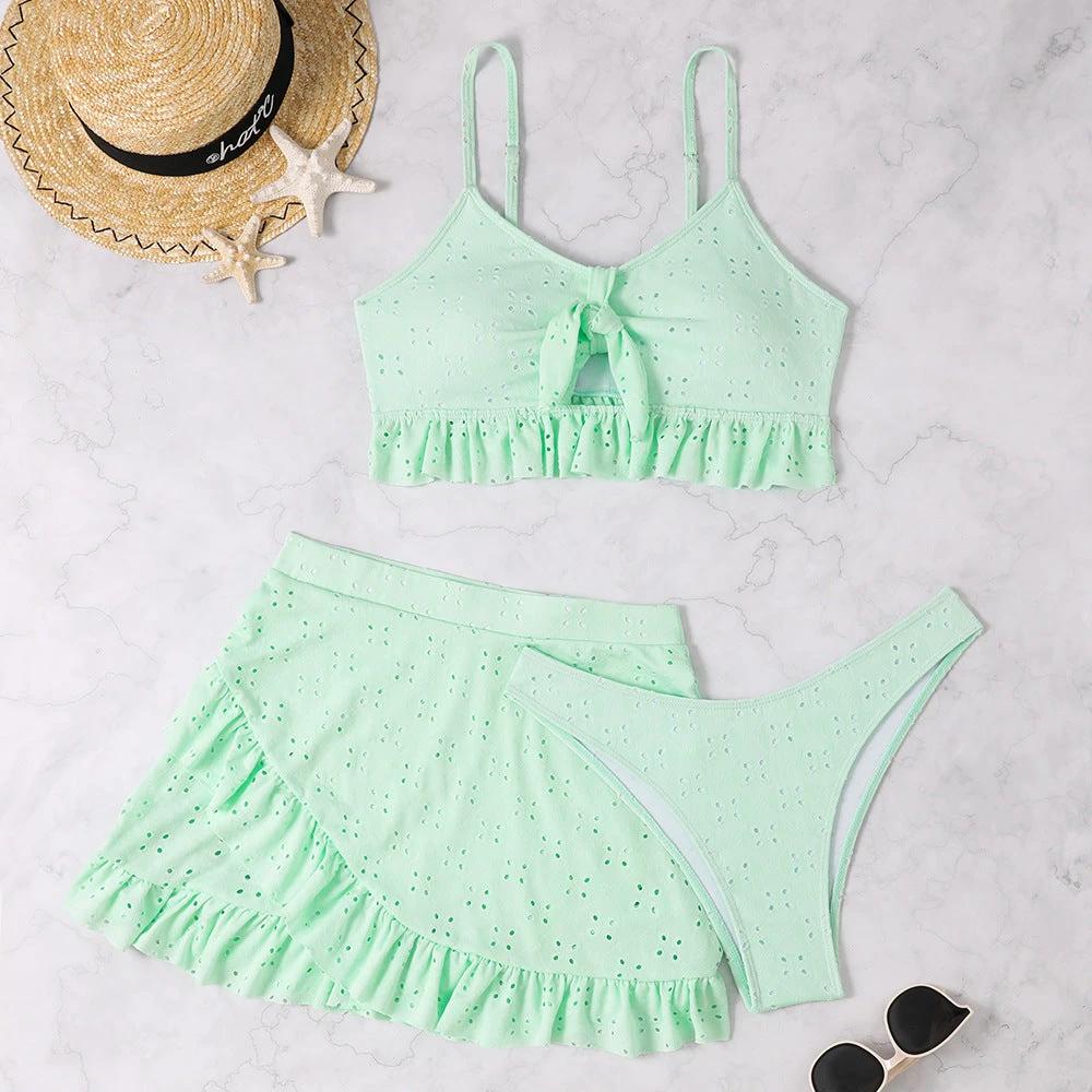 3pcs Beach Bikini With Hip-hugging Skirt Fashion Ruffle Design Swimsuit Set Summer Womens Clothing by GJG Denim