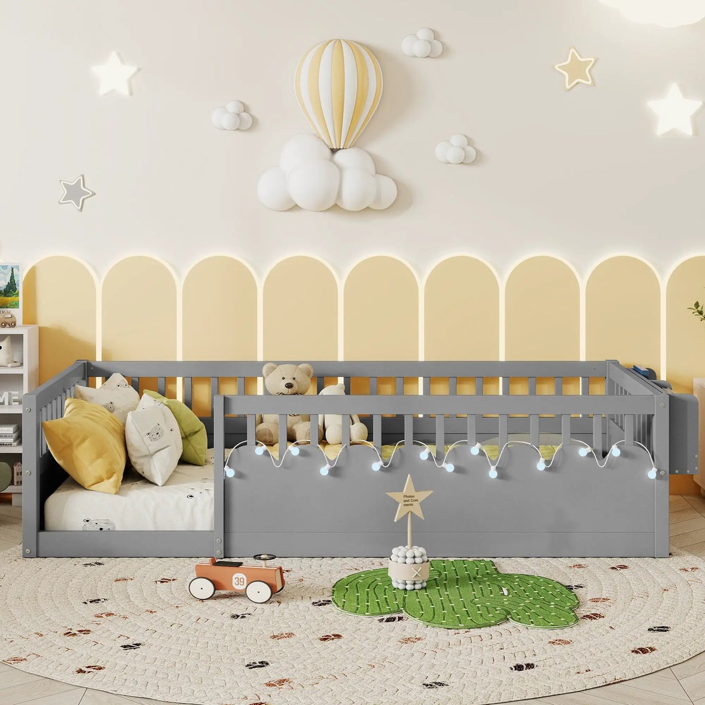 Twin Montessori Floor Bed Frame With High Rails, Wood Kids Floor Beds With Light And Storage Shelf, Gray by GJG Denim