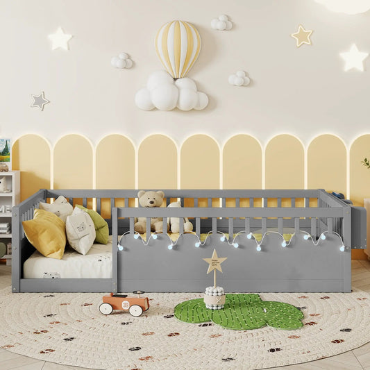 Twin Montessori Floor Bed Frame With High Rails, Wood Kids Floor Beds With Light And Storage Shelf, Gray by GJG Denim