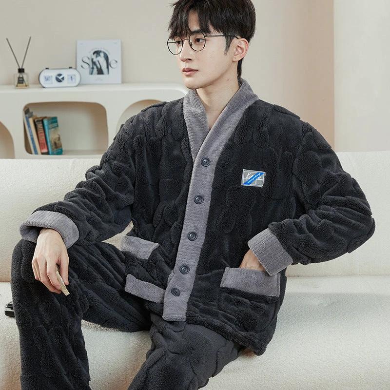 Pajamas Men's Jacquard Flannel Loose Fleece-lined Warm Loungewear by GJG Denim