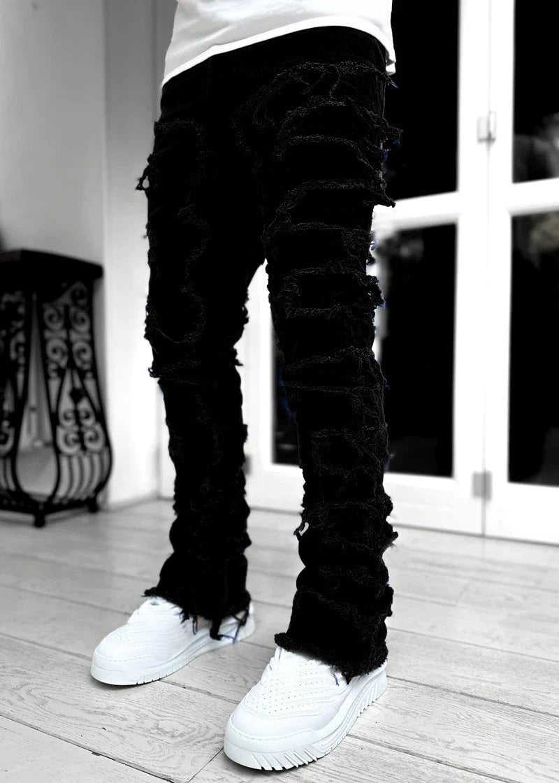 Men's Individual Patched Pants Long Tight Fit Stacked Jeans by GJG Denim