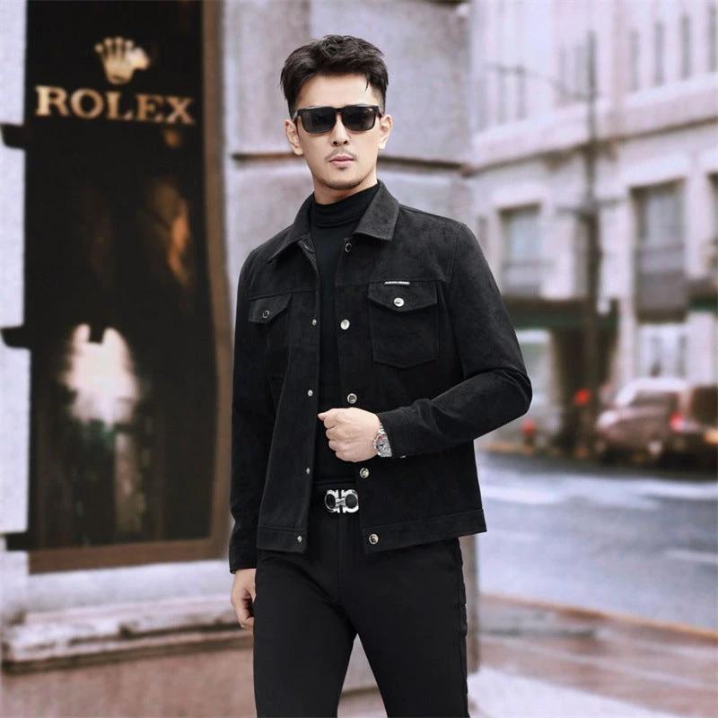 Suede Leather Jacket Men's Slim-fit High-grade Pu Handsome Retro Biker's by GJG Denim