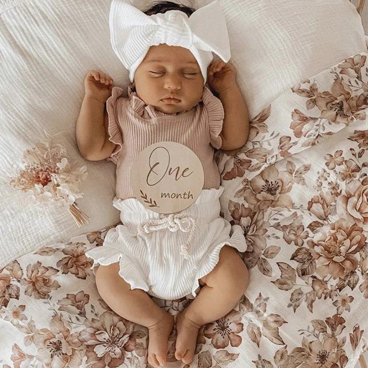 Rib Cotton Short Sleeve Wooden Ear Rompers Jumpsuit by GJG Denim