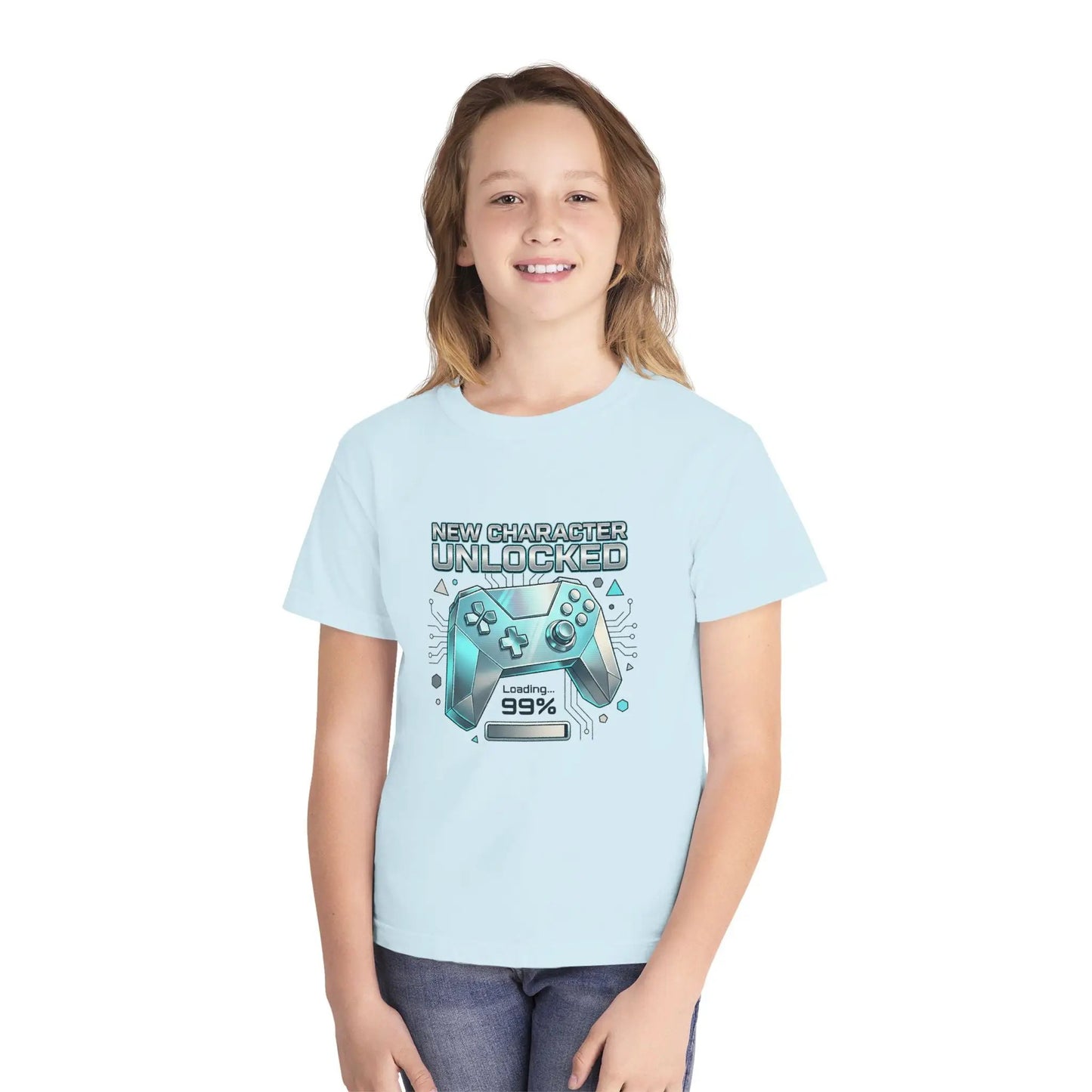 Youth Gaming Tee - "New Character Unlocked" Controller Design (Loading 99%) by Printify