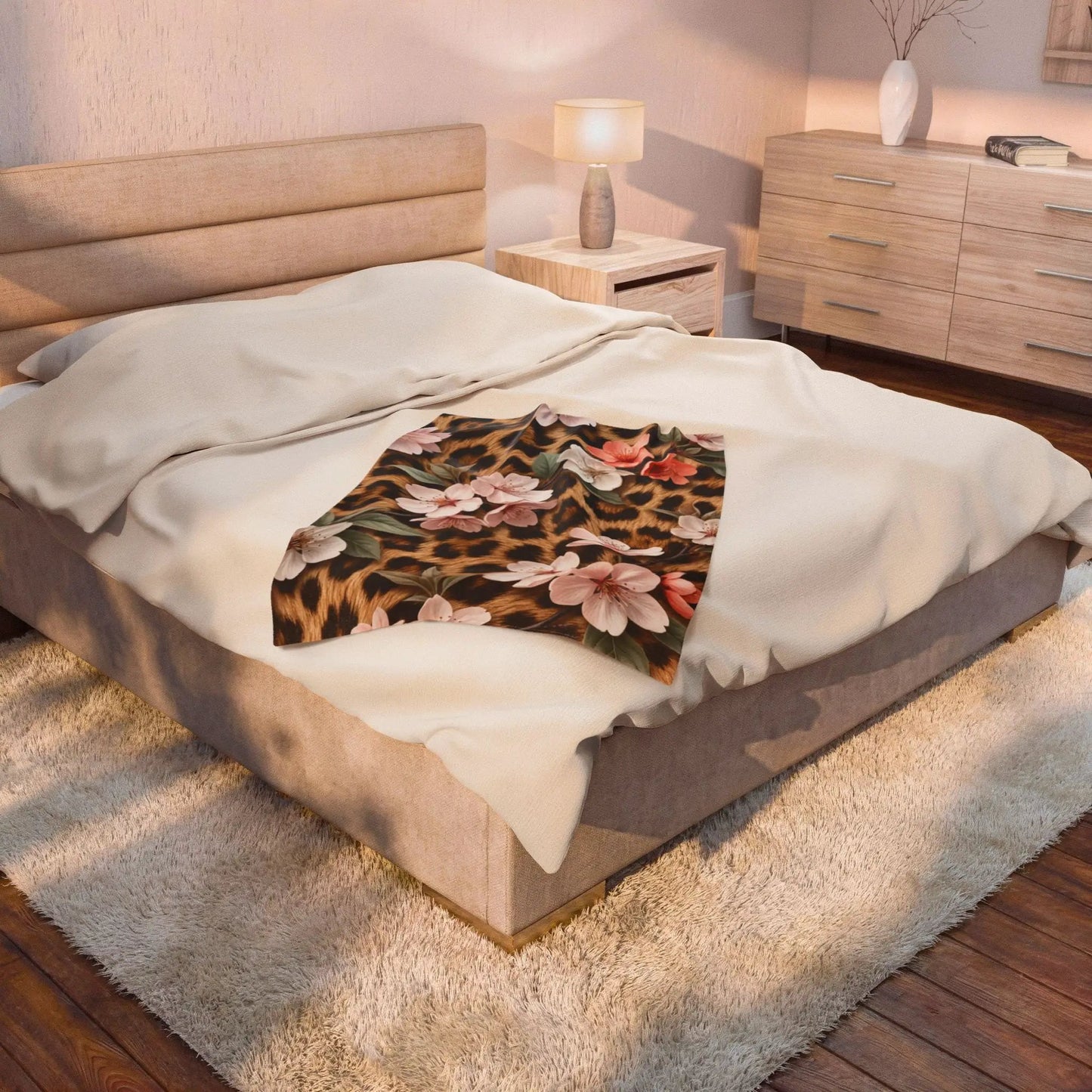 Leopard Floral Velveteen Plush Blanket — Soft Cozy Animal Print Throw by Printify