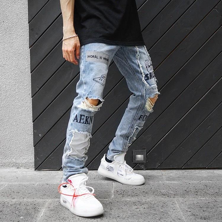 Knee Hole Patch Cloth Jeans For Men by GJG Denim