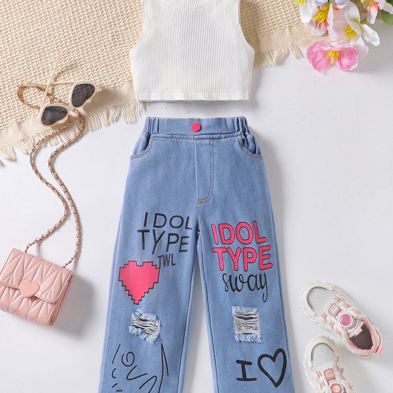 New Girls' Solid Color Sleeveless Vest Letters by GJG Denim