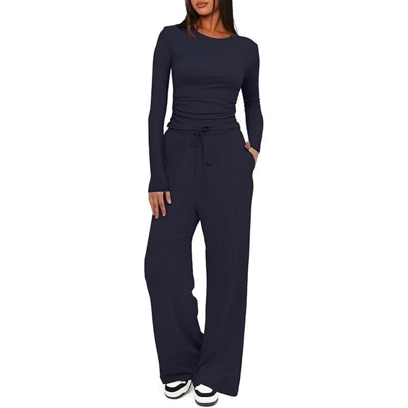 2 Pieces Women's Suit Autumn Winte Long Sleeve Tops High Waisted Wide Leg Pants Sportswear Female Clothes Solid Color Casual Suit by GJG Denim
